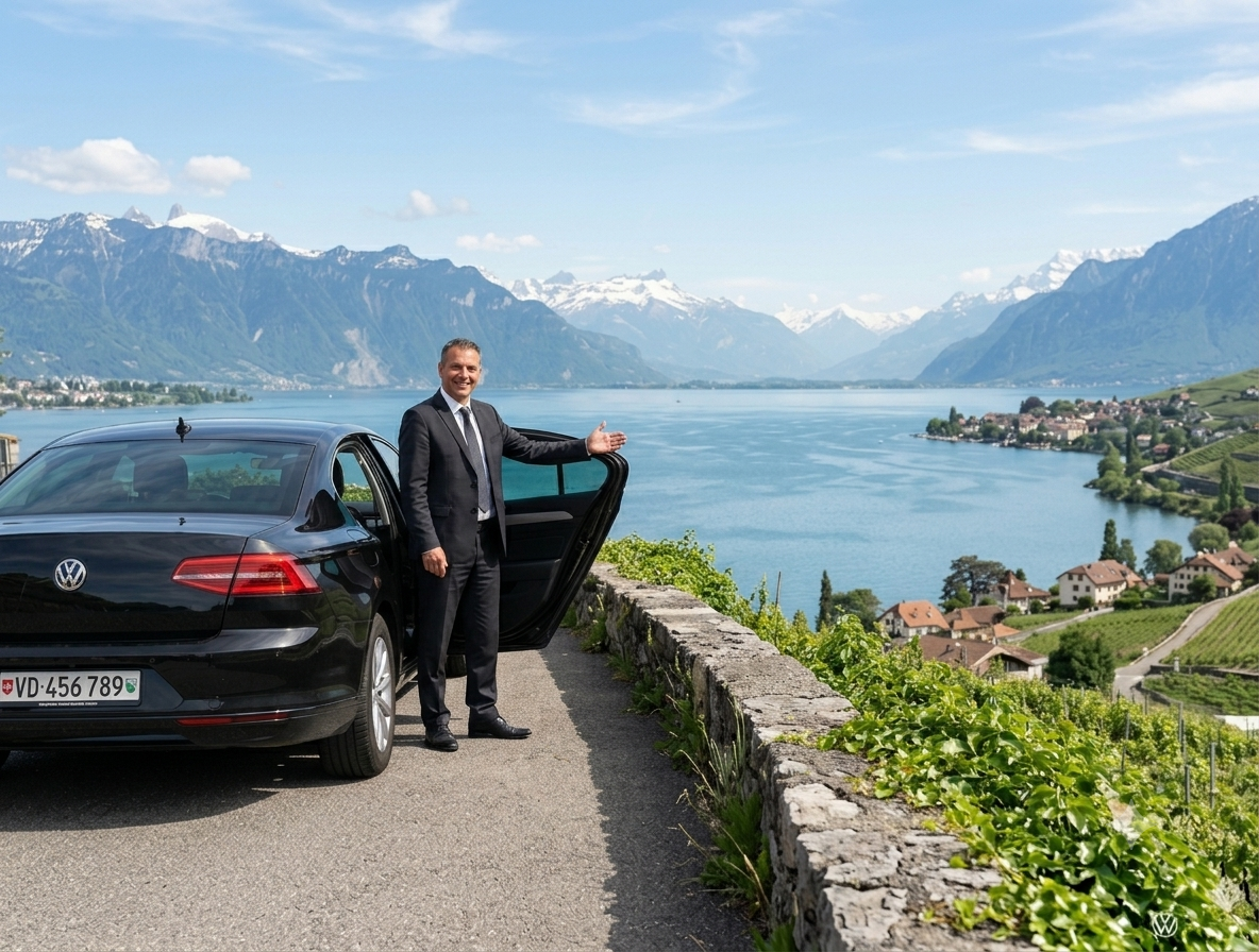 Chauffeur GetDriver accueillant un client au-dessus du lac Léman